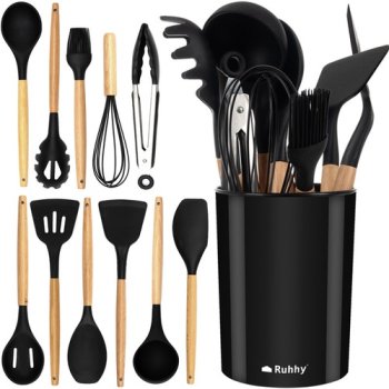 Kitchen Utensils Set, 12 pcs, Black and Beige, Silicone and Wood