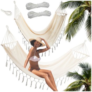 Double garden hanging hammock with frame, boho style