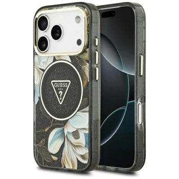 Guess IML Glitter Flowers Triangle MagSafe Phone Case Cover iPhone 17 Pro - black