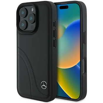 Mercedes iPhone 16 Pro Case Curved Stitches Leather, Black