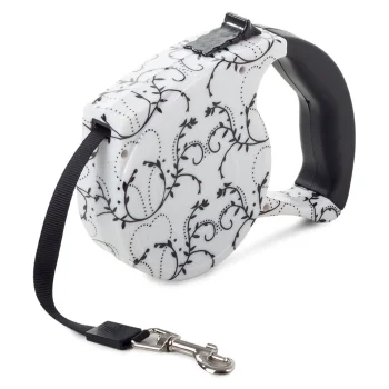 Retractable Dog Leash with Lock, 5m, up to 15kg, White with Lilies