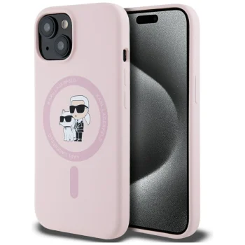 Karl Lagerfeld Silicone Karl&Choupette MagSafe Case for iPhone 15, Pink