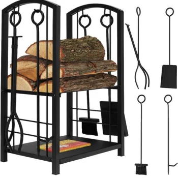Kaminer PK011 Firewood Stand with Fireplace Accessories, Black