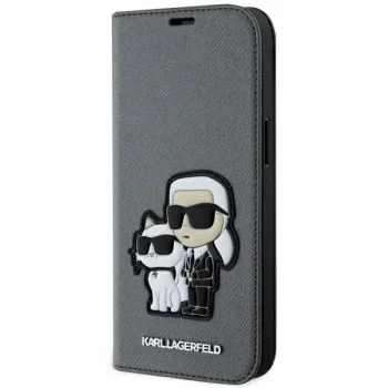Karl Lagerfeld iPhone 14 Bookcase Saffiano Karl & Choupette, Silver