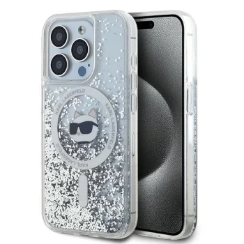 Karl Lagerfeld iPhone 15 Pro Max Case Liquid Glitter Choupette Head MagSafe, Transparent