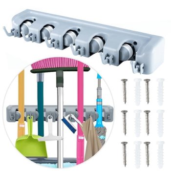Wall Mount Tool Holder and Broom Organizer with 5 Slots and 6 Hooks