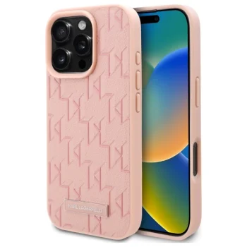 Karl Lagerfeld iPhone 16 Pro Case Leather Monogram Metal Logo, Pink