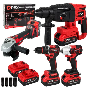 OPEX TOOLS OPX28007 4-in-1 Cordless Power Tool Kit (21V, 2x 3.0Ah)