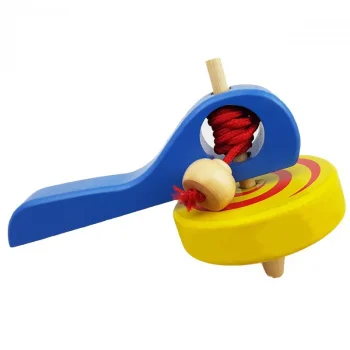Bakalu Wooden Spinning Top with String, Blue/Yellow