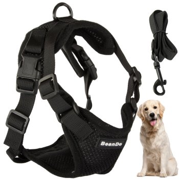 Dog Harness with Leash, Reflective, Size XL, Black