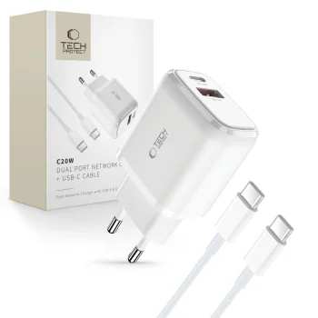 Tech-Protect C20W USB-C PD 20W / USB-A QC 3.0 Charger with USB-C Cable - White
