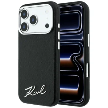 Karl Lagerfeld Saffiano Small Script Metal Case for iPhone 17/18 Pro Max - Black