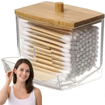 Bathroom Organizer and Cotton Bud Holder with Wooden Lid