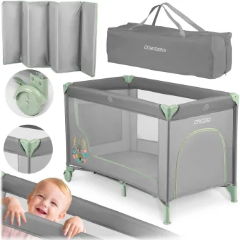 Ricokids RK-240 Travel Cot with Mattress and Bag, Grey/Mint