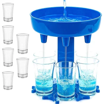 Alcohol and Beverage Dispenser with 6 Shot Glasses (50ml), Assorted Colors