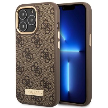 Guess 4G Logo Plate MagSafe Case for iPhone 14 Pro, Brown
