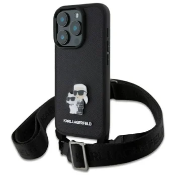 Apple iPhone 16 Pro 6.3'' Karl Lagerfeld Saffiano Karl&Choupette Metal Pin CBDY Strap Case Cover, Black