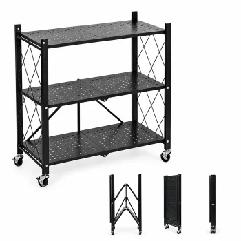 Folding Steel Shelving Unit on Wheels ModernHome, 3 Shelves, Black