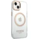 Guess Metal Outline MagSafe dėklas iPhone 15 Plus / 14 Plus, auksinis
