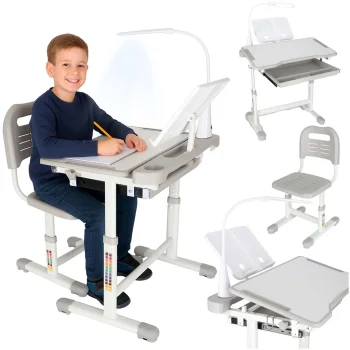 Adjustable Kids Desk with Chair and LED Lamp, Grey
