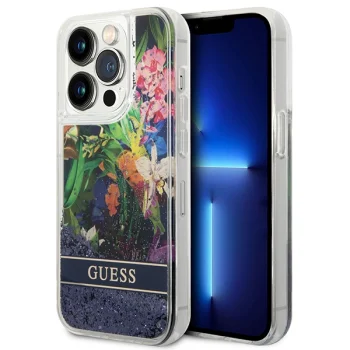 Guess Flower Liquid Glitter Case for iPhone 14 Pro, Blue
