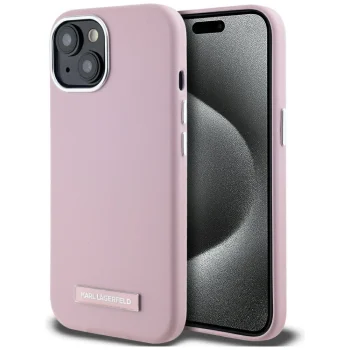 Karl Lagerfeld FW Metal Plate MagSafe dėklas iPhone 15, rožinis