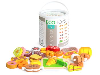 Ecotoys Wooden Cutting Food Set for Kids, 23 Pieces