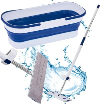 Flat Microfiber Mop with Collapsible Bucket and Squeegee