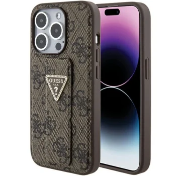 Guess iPhone 15 Pro Case Grip Stand 4G Triangle Strass, Brown