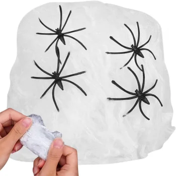 Artificial Spider Web with 4 Spiders, White, Halloween Decoration