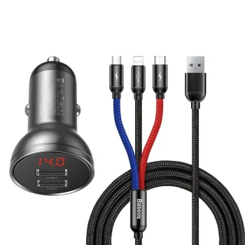 Baseus 2x USB 4.8A 24W Car Charger with LCD + 3in1 Cable 1.2m, Black
