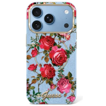 Guess IML Glitter Blossom Roses Case for iPhone 17 / 18 Pro Max - Light Blue