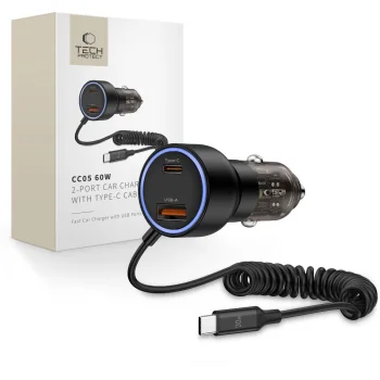 Tech-Protect CC05 Car Charger 2-Port PD60W + USB-C Cable, Black