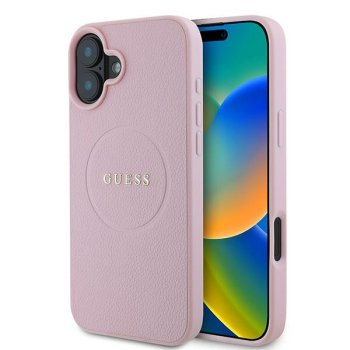 Guess Grained Gold Ring MagSafe Case for iPhone 16 Plus - Pink