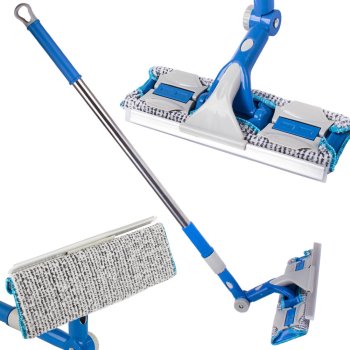 Telescopic window cleaner with microfiber pad and squeegee, blue