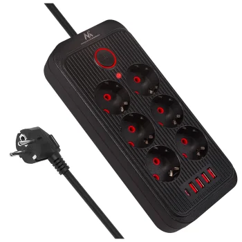 Maclean MCE389 B Power Strip, 6 Outlets, 4xUSB, 1xUSB-C, 1.5m, Black