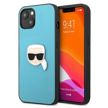 Apple iPhone 13 mini" Karl Lagerfeld Leather Ikonik Karl`s Head Metal Case Cover (KLHCP13SPKMB), Blue