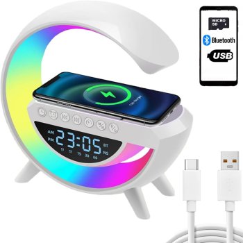 RGB LED desk lamp with Bluetooth speaker, FM radio, alarm clock and 15W wireless charger