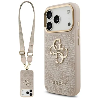 Guess 4G Classic Logo Big Strap Metal Buttons Case for iPhone 17 Pro, Pink