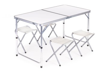 MultiGarden Folding Camping Table and 4 Stools Set for Picnic, white