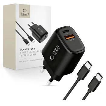 Tech-Protect NCA45W-GAN 45W 2-Port Wall Charger with USB-C Cable, Black