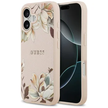 Guess Grained Flowers Classic Logo MagSafe iPhone 17 Case - Pink