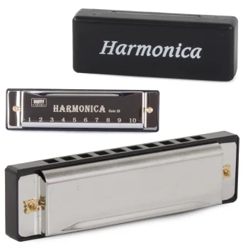 Diatonic Harmonica in Key of C with Case, 10 Holes, 20 Reeds, Silver-Black