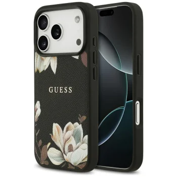 Guess Grained Flowers Classic Logo MagSafe Case for iPhone 17 Pro, Black