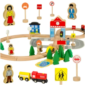 Wooden Train Set with Tracks and Station 50 Pieces