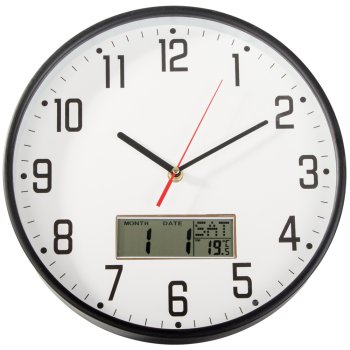 Wall clock large silent 30cm round pointer date temperature wood