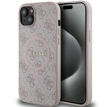 Apple iPhone 14 6.1'' Guess 4G Collection Leather Metal Logo MagSafe Case Cover, Pink