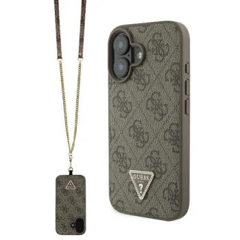 Guess iPhone 16 Wallet Case Leather Metal Logo Strass Crossbody, Brown