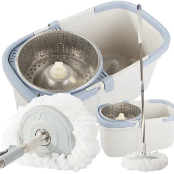 Rotating floor mop with 360° telescopic handle, spin bucket, microfiber pad, ecru