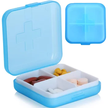 Compact Pill and Supplement Organizer Box with 4 Compartments, Blue